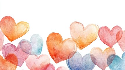 Poster - A collection of soft pastel watercolor hearts scattered gracefully on a white background with ample copy space for text.