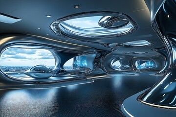 Poster - Innovative Interior Design in Metallic Futuristic Style with City Skyline View : Generative AI
