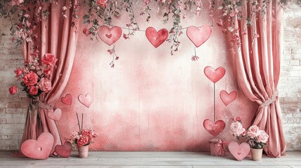 Poster - A dreamy watercolor painting of a Valentine photo booth with pink curtains, heart props, and floral accents.
