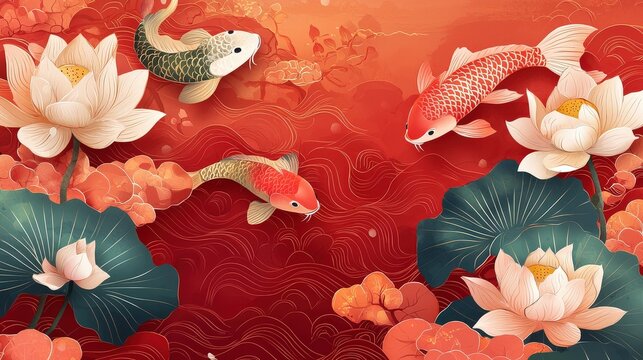 A flat vector Chinese painting with a red palette, featuring flowing lines and symbolic elements like koi fish and lotus flowers.