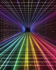 Poster - Neon Light Grid Tunnel in Space with Starry Background and Color Gradient Illusion : Generative AI
