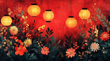 Poster - A flat vector New Year card with bold red backgrounds, glowing lanterns, and intricate floral patterns, symbolizing prosperity and joy.