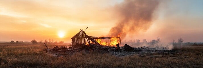 Poster - Large flames engulfing an old wooden barn in a field during sunset, producing thick smoke and vibrant orange hues as the sun sinks below the horizon, highlighting the destruction