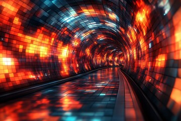 Leinwandbilder - Futuristic Neon Subway Tunnel with Reflections for SciFi Adventure and Exploration : Generative AI