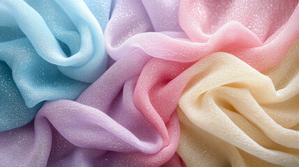 Poster - Colorful shimmering fabrics arranged in a beautiful pattern on a soft surface