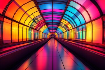 Poster - Vibrant Neon-Lit Tunnel Symmetrical Colorful Passageway : Generative AI