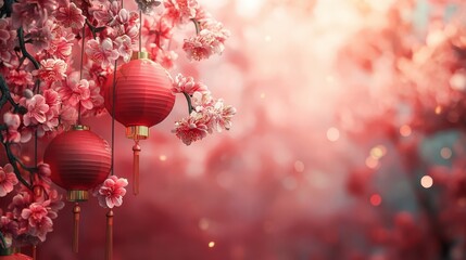 Poster - A modern red Chinese background, infused with romantic pink shades and cultural symbols like lanterns and flowers, offering a calm and elegant atmosphere.