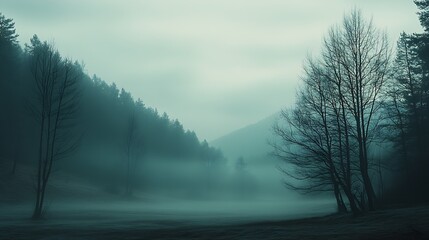 Aufkleber - Misty Mountain Landscape with Bare Trees in Serene Foggy Atmosphere : Generative AI
