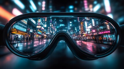 Poster - Neon City Reflections in Futuristic Goggles Vibrant Cyberpunk Urban Landscape : Generative AI