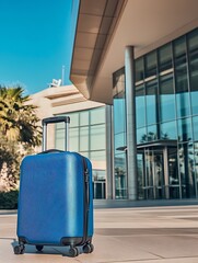 Aufkleber - Chic Blue Suitcase at Modern Office Building with Palm Trees and Glass Architecture : Generative AI