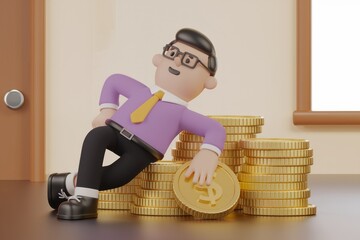 Poster - A 3D cartoon businessman relaxing on a large pile of gold coins, symbolizing wealth and success.