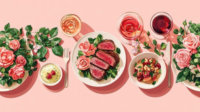 A playful flat vector design featuring a Valentine steak dinner with side dishes, roses, and wine on a soft pink backdrop.