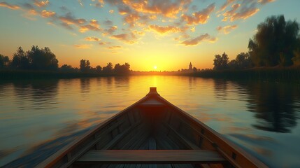 Poster - Tranquil boat journey during sunset with reflections and natural beauty : Generative AI