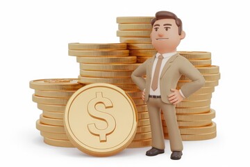 Poster - A 3D cartoon businessman stands proudly beside stacks of gold coins, symbolizing wealth and financial success.