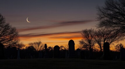 Wall Mural - Serene Sunset at the Cemetery: A Crescent Moon's Embrace