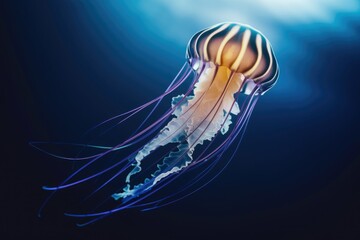 Poster - A mesmerizing jellyfish with vibrant purple tentacles gracefully floats in the deep blue ocean.