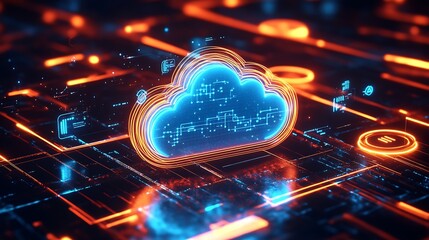 Aufkleber - Futuristic Cloud Computing Concept with Digital Circuitry and Data Visualization : Generative AI