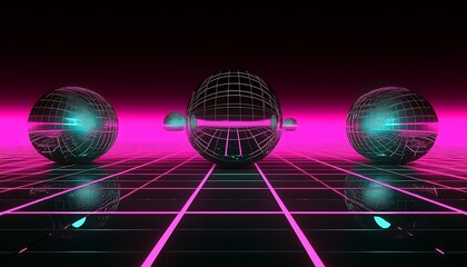 Aufkleber - Virtual Reality Digital Grid Spheres with Neon Light Reflections in Modern Technology Art : Generative AI