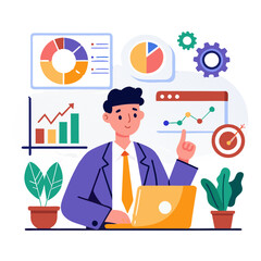 Poster - Professional focusing on key performance indicators while using a laptop in a contemporary workspace. Charts and graphs illustrate data insights and trends, promoting informed decision-making