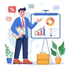 Poster - A manager stands confidently beside a presentation board, showcasing a sales plan. Colorful charts and graphs display growth metrics, while plants add a touch of nature to the office environment