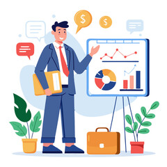 Poster - A manager stands confidently in business attire, explaining a sales plan featuring colorful graphs and charts. Surrounding plants and a briefcase add to the professional atmosphere