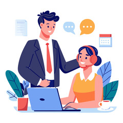 Poster - A manager is providing support to a team member who is engaged in closing a deal at their desk. The atmosphere is collaborative, highlighting teamwork and communication
