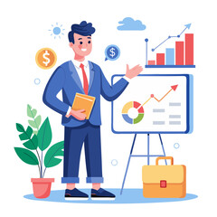 Poster - A manager is presenting a comprehensive sales plan using visual aids in a modern office. Charts and graphs highlight strategies to boost sales and motivate the team effectively