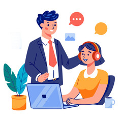 Poster - A manager offers guidance to a team member working on a computer to close a deal. They are in a modern office with casual conversation and collaboration happening