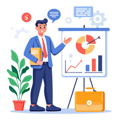 Poster - A manager stands confidently with a folder in hand, explaining a winning sales plan beside charts and graphs on a board, illustrating growth strategies and team collaboration