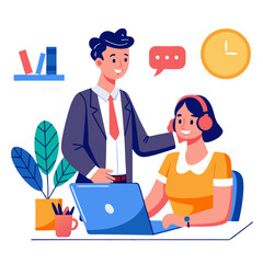 Poster - A manager offers guidance to a team member focused on finalizing a deal at a modern office workstation. The atmosphere promotes teamwork and productivity during work hours