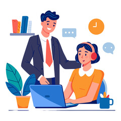 Poster - A manager supports a team member as she works on closing a deal. They are in a contemporary office environment, engaged in productive dialogue. The atmosphere is dynamic and focused