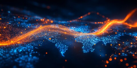 Aufkleber - Abstract Data Visualization Representing Global Technology Future with Blue and Orange Elements : Generative AI
