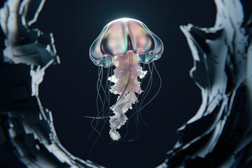 Poster - A bioluminescent jellyfish, iridescent and ethereal, floats in a dark, abstract setting.