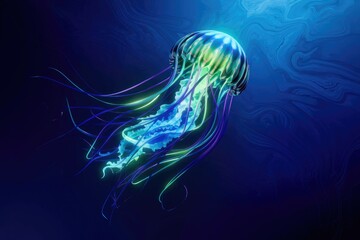 Poster - A bioluminescent jellyfish gracefully swims in deep ocean water, its tentacles glowing with vibrant colors.