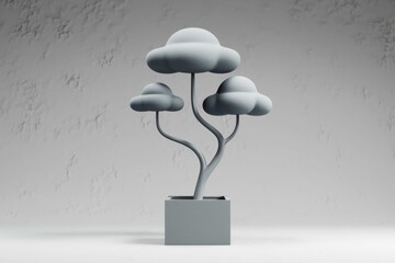 Aufkleber - Stylized 3D render of a minimalist gray plant with cloud-shaped leaves in a square pot against a textured wall.