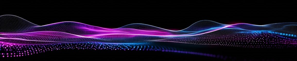 Poster - Vibrant Neon Wave Patterns in Blue and Purple on Black Abstract Background : Generative AI