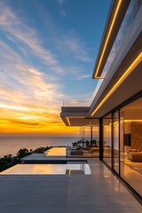 Poster - Elegant oceanview villa with modern architecture and stunning sunset views : Generative AI