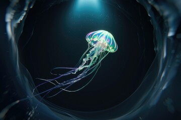 Poster - An iridescent jellyfish gracefully floats in the dark ocean depths, illuminated by a soft light.