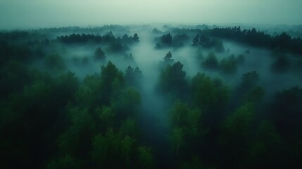 Poster - Enchanting Fog-Embraced Forest Overhead View with Dense Nature and Tranquility : Generative AI
