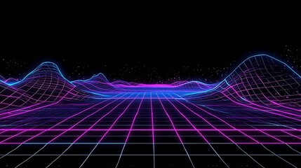 Leinwandbilder - Digital Landscape with Glowing Neon Grid and Abstract Waves : Generative AI