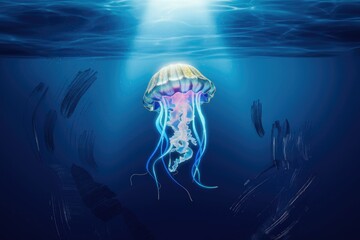 Poster - A bioluminescent jellyfish gracefully floats in the deep ocean, illuminated by a soft light from above.