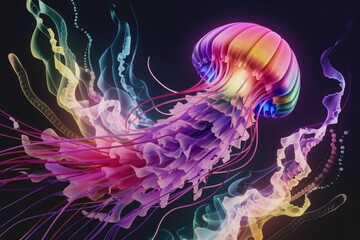 Poster - Vibrant, iridescent jellyfish gracefully swims, showcasing intricate tentacles and bioluminescent trails.