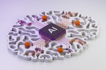 Poster - AI chip integrated with a brain-like structure, representing artificial intelligence and neural networks.