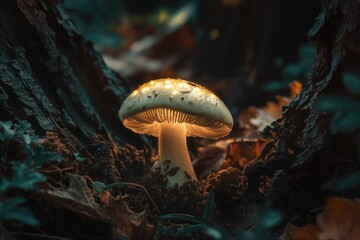 Poster - Glowing mushroom in dark forest, magical autumn scene.