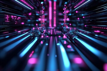 Fototapete - Futuristic Neon Tunnel with Pink and Blue Glowing Lights in a Sci-Fi Environment : Generative AI