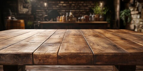 Aufkleber - A rustic wooden tabletop is prepared for showcasing a montage of products. This is a high quality image that highlights the tables features.