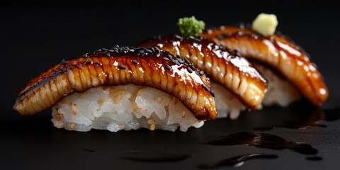 Poster - Eel sushi nigiri beautifully presented against a striking black sesame background, highlighting the exquisite texture and flavor of eel sushi nigiri in a gourmet setting.