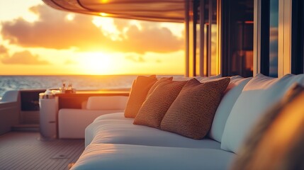Aufkleber - Luxurious Yacht with Plush Seating Overlooking Scenic Sunset on the Sea : Generative AI
