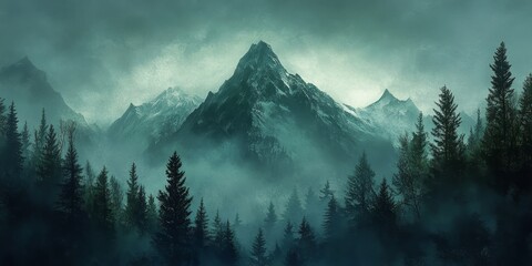 Poster - The rugged silhouette of a mountain peak emerges through a natural frame of dark green conifers, creating a scene where the mountain peak blends with mystical mist for a dreamlike atmosphere.