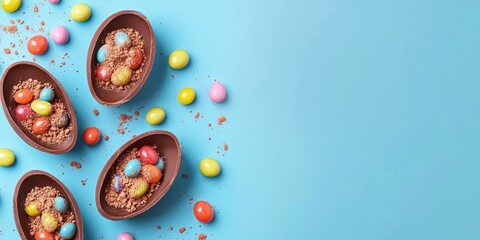 Poster - Halves of chocolate eggs adorned with colorful jelly and sweet powder create a circular pattern with an off center focus against a blue backdrop. This close up image offers space for text.